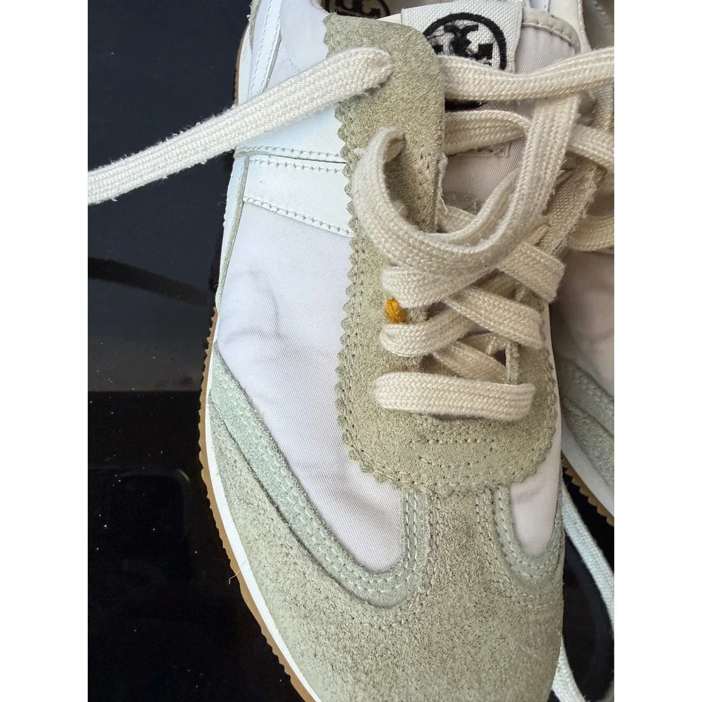 Tory Burch Tory Sneaker White‎ Sage Green Suede Nylon Low Top Trainers Gum Sole